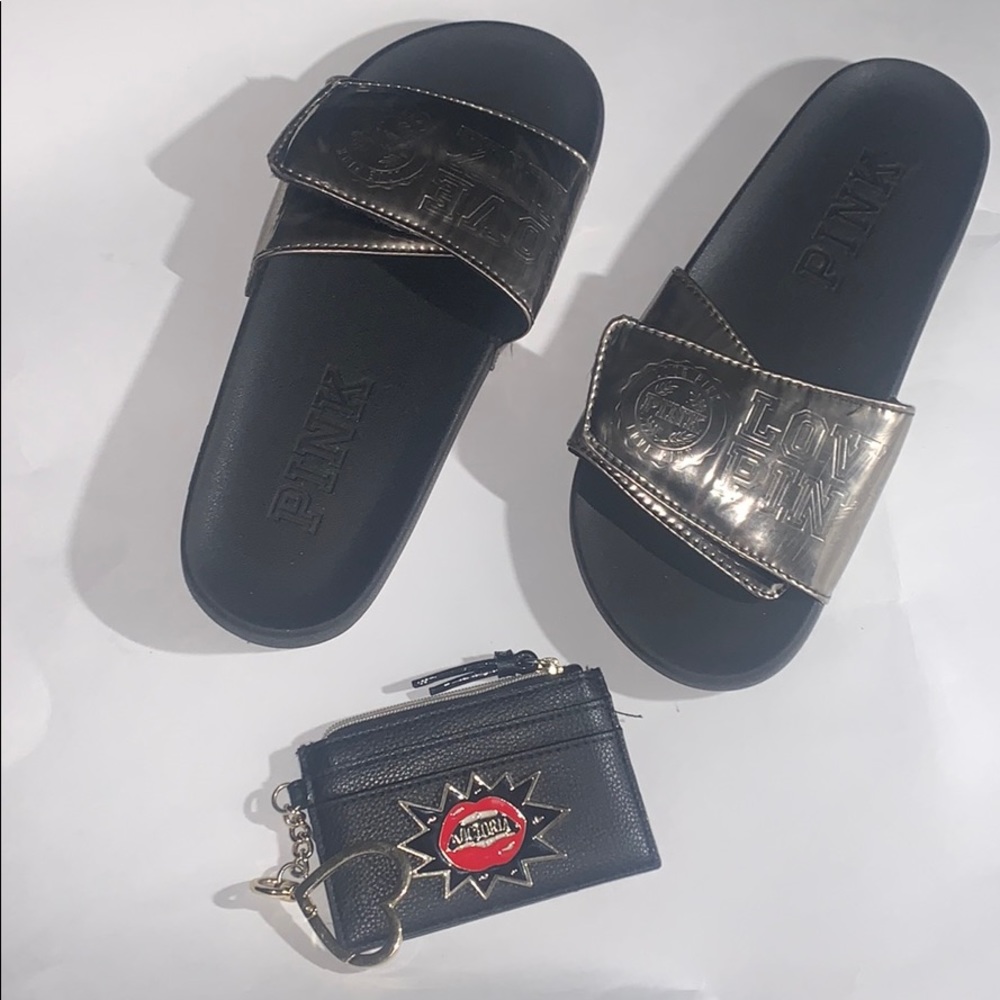 VS PINK black & silver slides with VS wallet